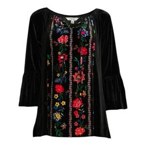 New Pioneer Women XL Black Floral Velvet ruffle sleeve Peasant Blouse tops